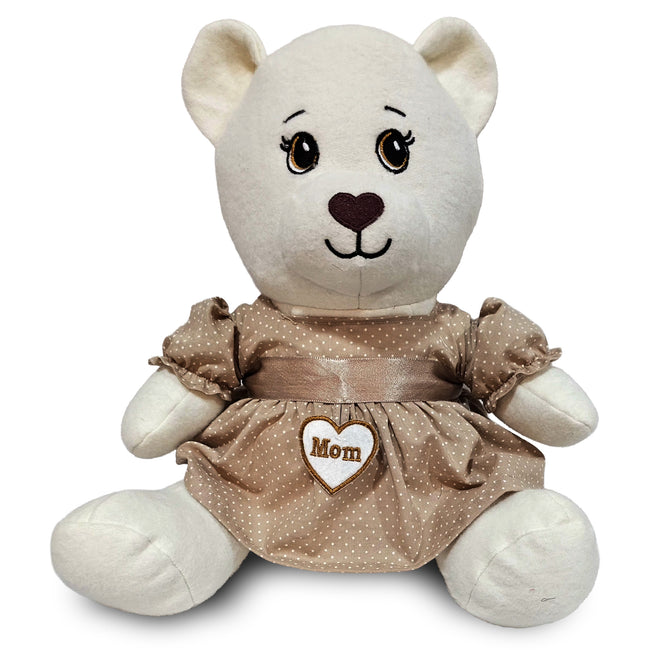 15"Organic Mama Bear – Cream with Beige Polka Dot Dress