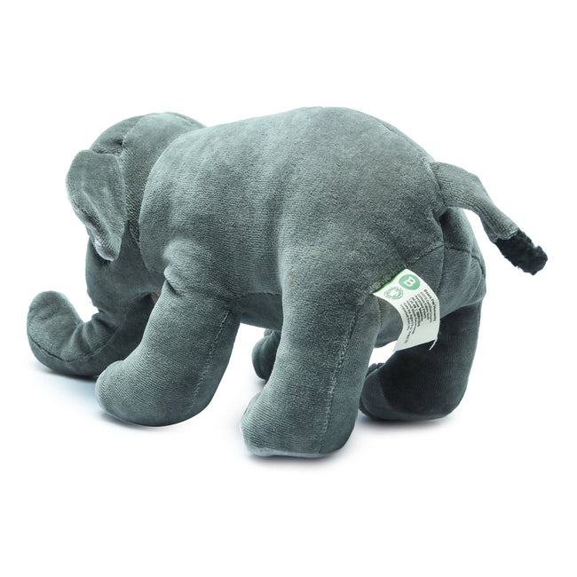 Back view of organic Asian elephant plush toy for children in grey